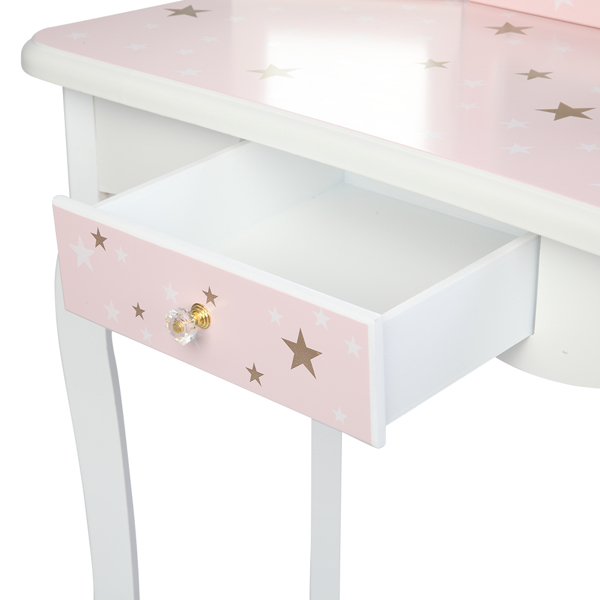 Wooden Toy Children's Dressing Table Three Foldable Mirror/Chair/Single Drawer Pink Star Style