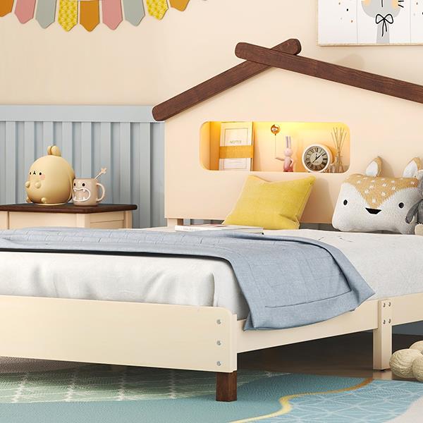 Full Size Wood Platform Bed with House-shaped Headboard and Motion Activated Night Lights (Cream+Walnut)