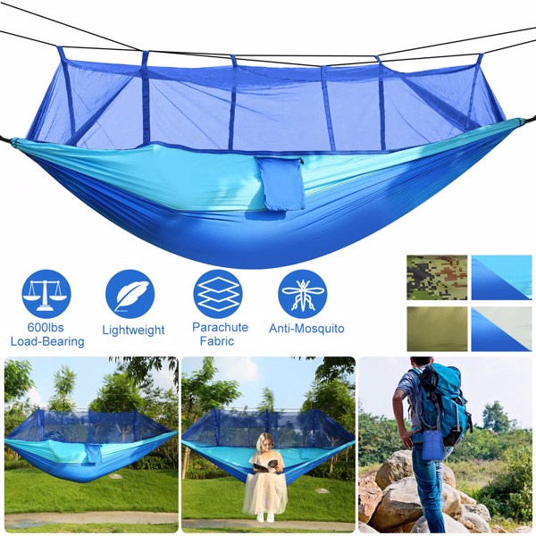 Camping Hammock, Portable Double Hammock with Net,600lbs Load 2 Persons Hammock w/Mosquito Net Outdoor Hiking Camping Hommock Portable Nylon Swing Hanging Bed w/ Strap Hook Carry Bag