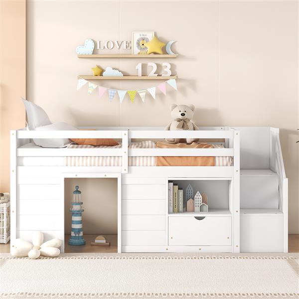 TWIN BED, SOLID WOOD TWIN SIZE LOW LOFT BED WITH STAIR, DRAWER, AND SHELF OF WHITE COLOR