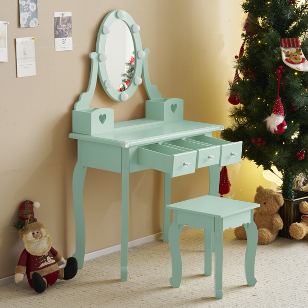 FCH Kids Vanity Set with Mirror and Lights and Stool, 5 Storage Drawers, Pretend Play Princess Makeup Desk Dressing Table and Stool Set for Little Girls Age 3+, Macaroon Green