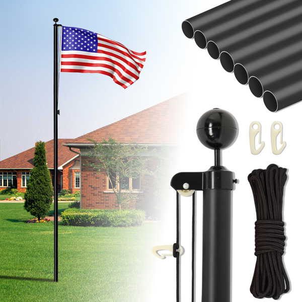 Flag Pole Kit for Outside House in Ground, 20FT Sectional Aluminum Extra Thick Flagpole, 5x3 US Flag, Heavy Duty Black Flag Poles Kit for Yard