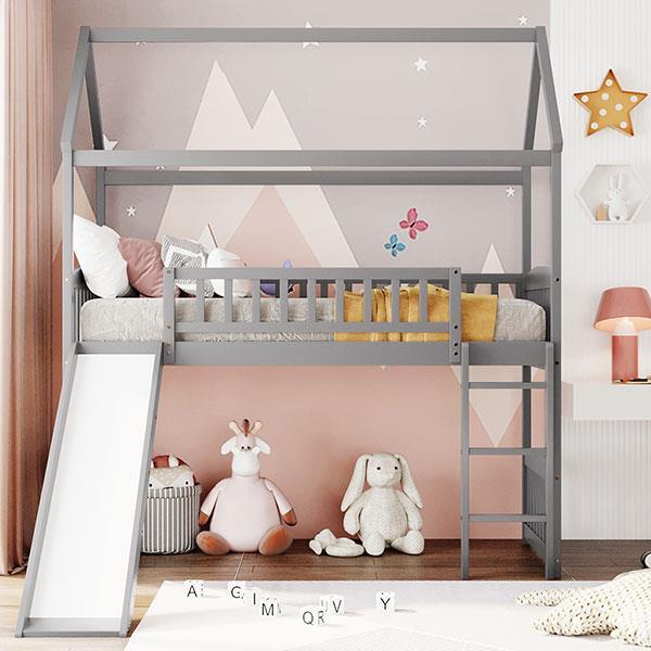 Twin Loft Bed with Slide, House Bed with Slide，Grey