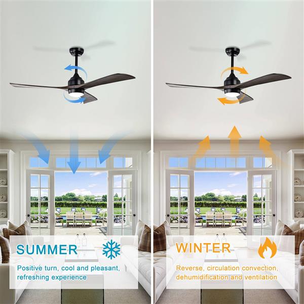 52" Ceiling Fan with Lights Remote Control,Quiet DC Motor 3 Blade Ceiling Fans 6 Speed Levels,Reversible Ceiling Fan, for Patio Living Room, Bedroom, Office,Indoor.(Matte Black +Black Walnut )