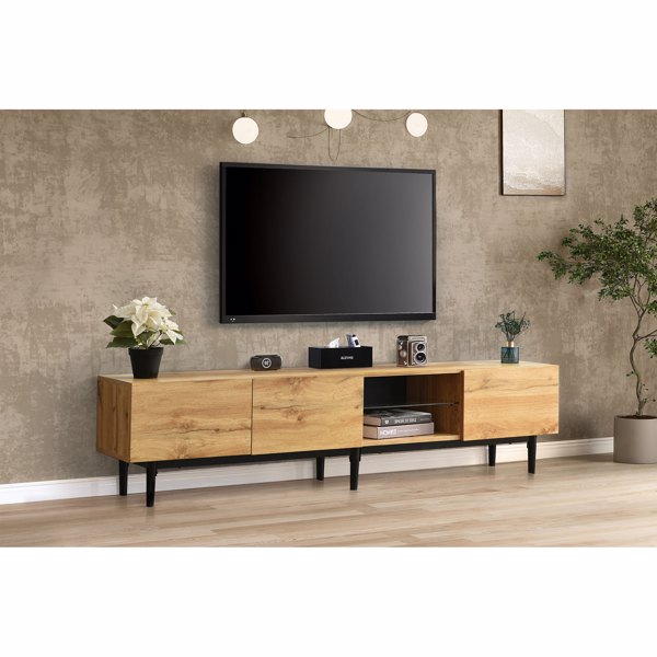 Modern TV Stand with 4 Cabinets& Open Shelves, Color-matching Media Console Table for TVs up to 80'' with LED Light, Entertainment Center with Drop Down Door for Living Room, Bedroom, Home Theatre 