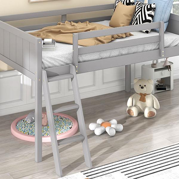 Twin Size Wood Low Loft Bed with Ladder, ladder can be placed on the left or right, Gray