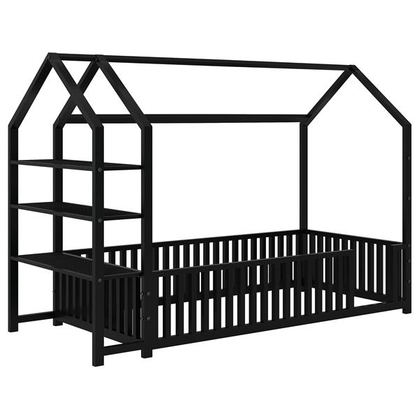 Twin Size Metal House Bed with Fence and Detachable Storage Shelves, Black