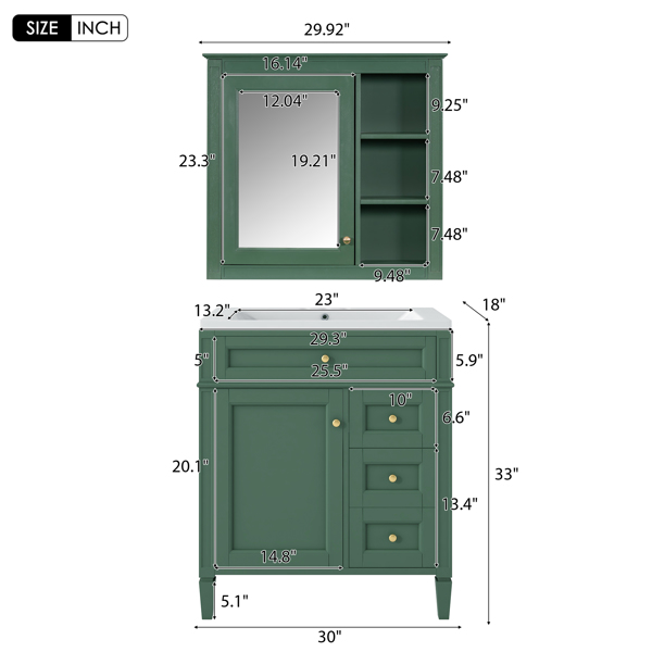 30'' Bathroom Vanity with Top Sink, Modern Bathroom Storage Cabinet with 2 Drawers and a Tip-out Drawer, Freestanding Vanity Set with Mirror Cabinet, Single Sink Bathroom Vanity 