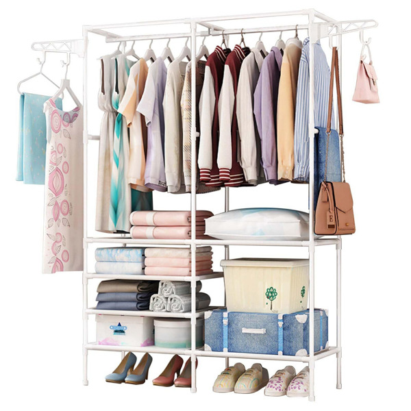 Metal Garment Rack Shoe Clothing Organizer Shelves Freestanding Multifunctional Clothes Wardrobe