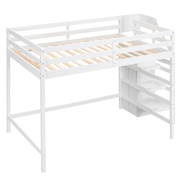 Full Size Loft Bed with Built-in Storage Wardrobe and Staircase, White