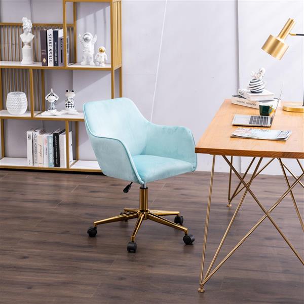 Modern Velvet Fabric Material Adjustable Height 360 revolving Home Office Chair with Gold Metal Legs and Universal Wheels for Indoor,Aqua Light Blue