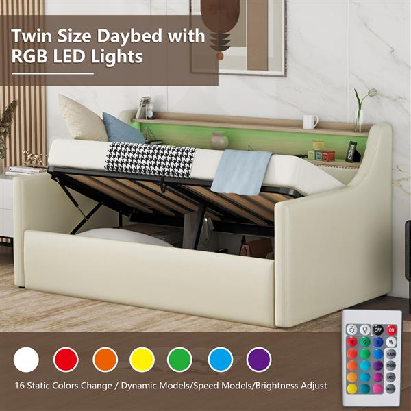 Twin Size Daybed with Hydraulic Storage, Upholstered Daybed with Lift Up Storage, Twin Leather Daybed with Charging Station and LED Lights,Beige