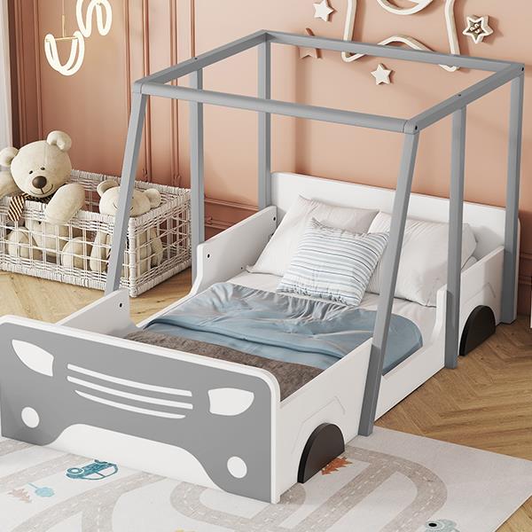 Twin Size Car-shaped Bed with Roof,Wooden Twin Floor Bed with wheels and door Design,Montessori Inspired Bedroom,Grey