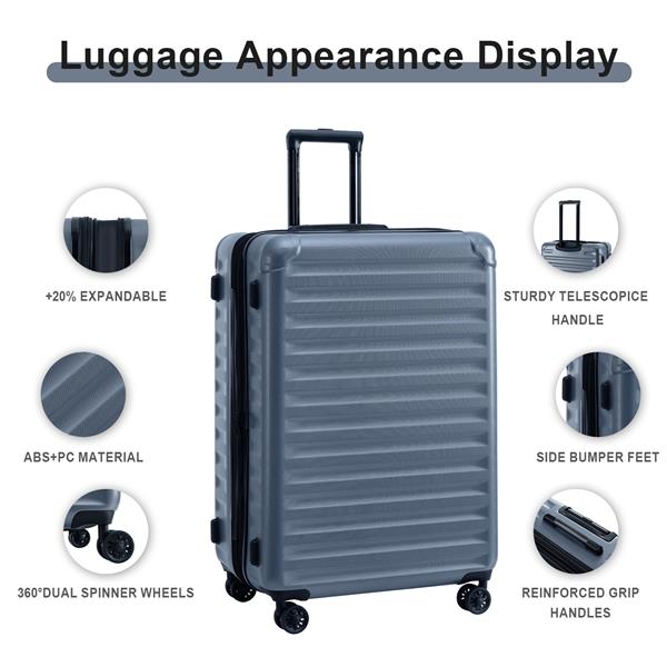 Luggage Sets New Model Expandable ABS+PC 3 Piece Sets with Spinner Wheels Lightweight TSA Lock (20/24/28),  STEEL GRAY