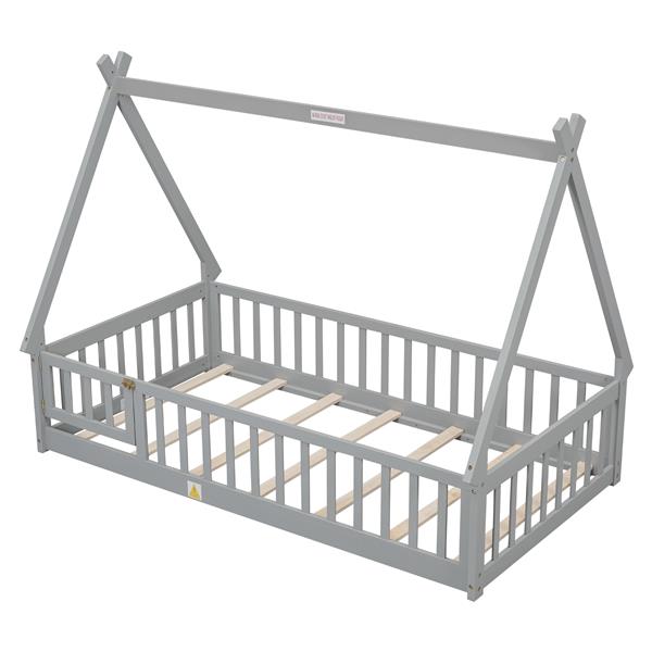 Twin Tent-shaped Floor Bed, with Guardrails, Slats, Door ,Grey