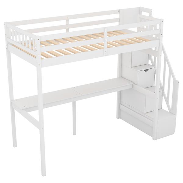 Twin Size Loft Bed with Storage Staircase and Built-in Desk, White