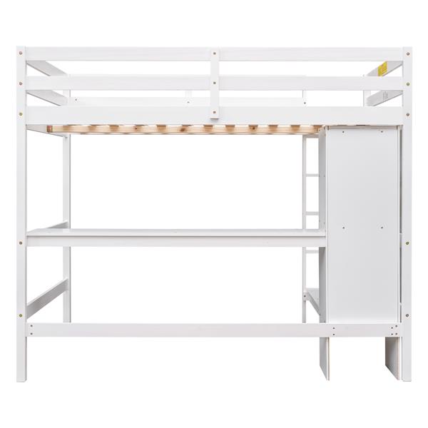 Full Size Loft Bed with Multifunction Shelves and Under-bed Desk, White