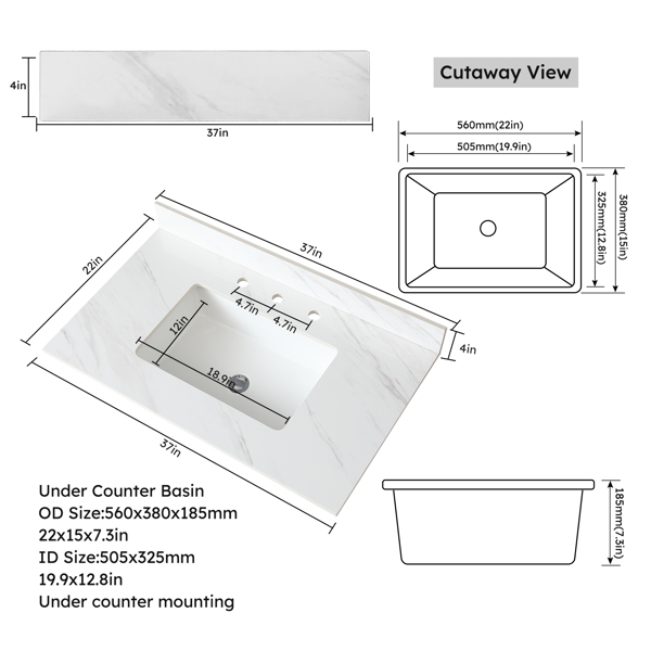 37 Inch Marble Vanity Top, White Vanity Top with Pre-drilled Faucet Holes, Bathroom Vanity Top with Undermount Rectangular Middle Sink and 4" Height Backsplash Three Holes