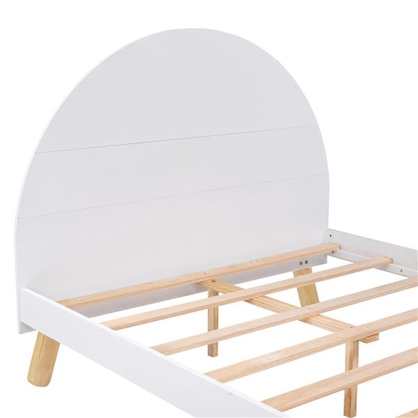 Wooden Cute Platform Bed With Curved Headboard ,Full Size Bed With Shelf Behind Headboard,White