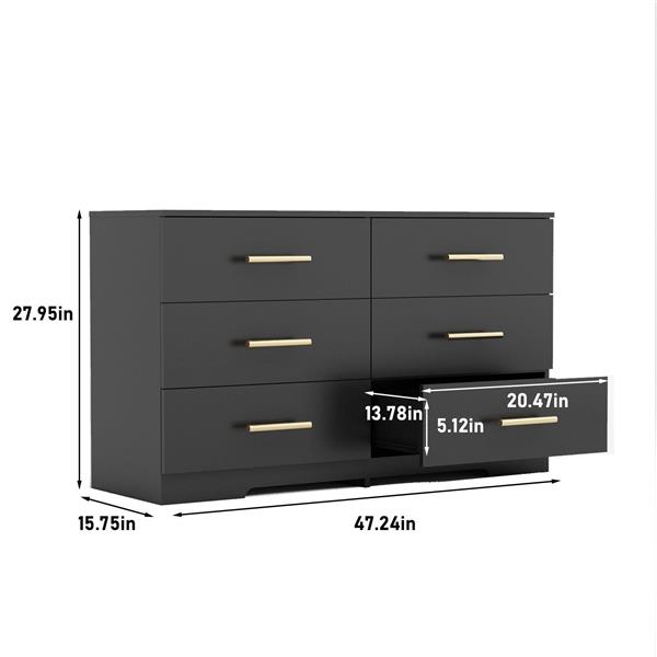 Black color Large 6 drawers chest of drawer dressers table with golden handle（Mirror not included）