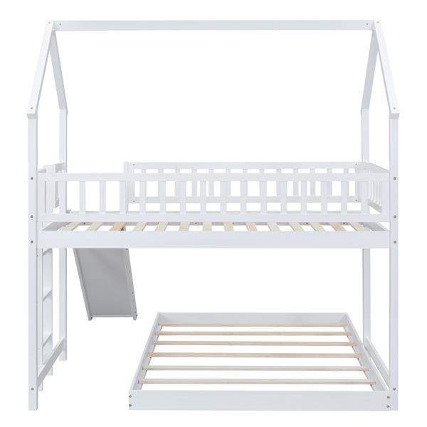 Twin over Full House Bunk Bed with Slide and Built-in Ladder, Full-Length Guardrail, White