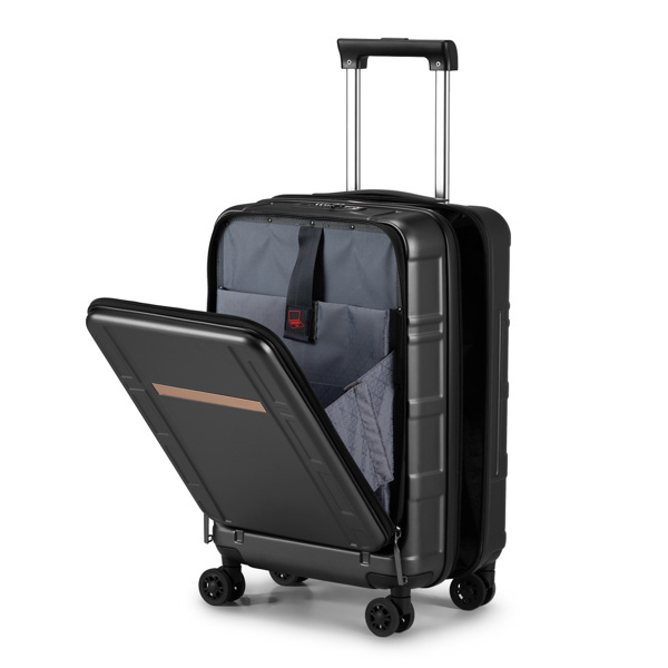 Carry on Luggage 22 X 14 X 9 Airline Approved, ABS+PC 20 Inch Luggage with Front Compartment, Double Spinner Wheels, TSA Lock，Black Color