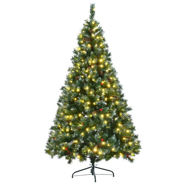 6FT Dark Green Pine Christmas Tree, Pre-Lit Set with Tree & Garland & Wreath, Hinged Artificial Xmas Tree with White Tips, Red Berries and Pine Cones, 11 Colorful Modes, Indoor Holiday Decoration 