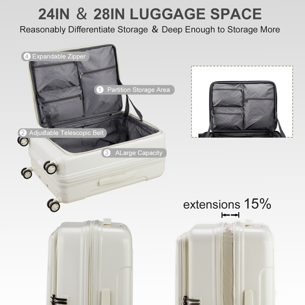 Expandable Carry on Luggage 22 ×14 × 9 Airline Approved with USB Port, ABS+PC 20 Inch  Luggage with Front Compartment, Double Spinner Wheels, TSA Lock, White