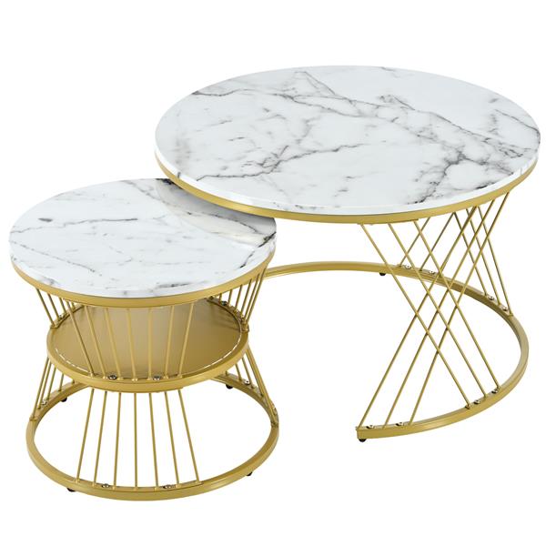 [VIDEO provided] Φ27.5'' & Φ17.7'' Nesting Coffee Table with Marble Grain Table Top, Golden Iron Frame Round Coffee Table, Set of 2, for Living Room, Balcony, White