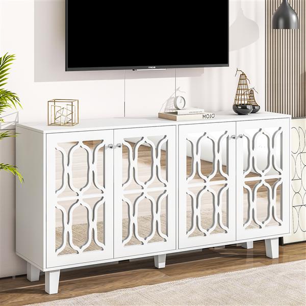 Buffet Cabinet with Adjustable Shelves, 4-Door Mirror Hollow-Carved TV stand for TVs Up to 70'', Multi-functional Console Table with Storage Credenza Accent Cabinet for Living Room, White