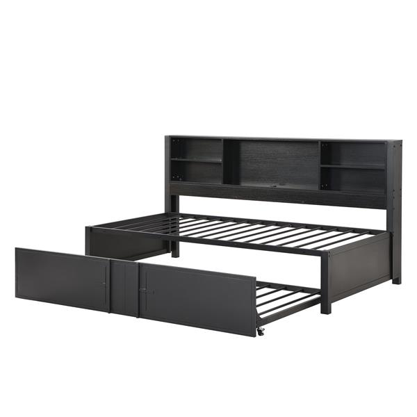 Metal Twin Size Daybed with Twin Size Trundle, Storage Shelves and USB Ports, Black