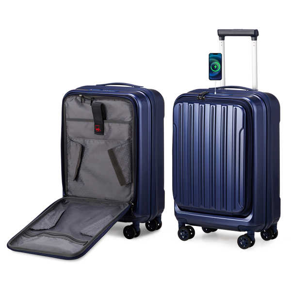 Expandable Carry on Luggage 22 ×14 × 9 Airline Approved with USB Port, ABS+PC 20 Inch  Luggage with Front Compartment, Double Spinner Wheels, TSA Lock, Navy Blue