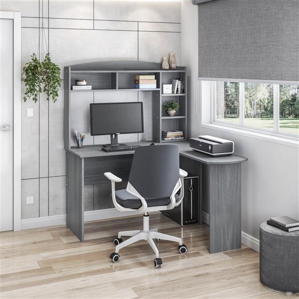 Modern L-Shaped Desk with Hutch, Grey