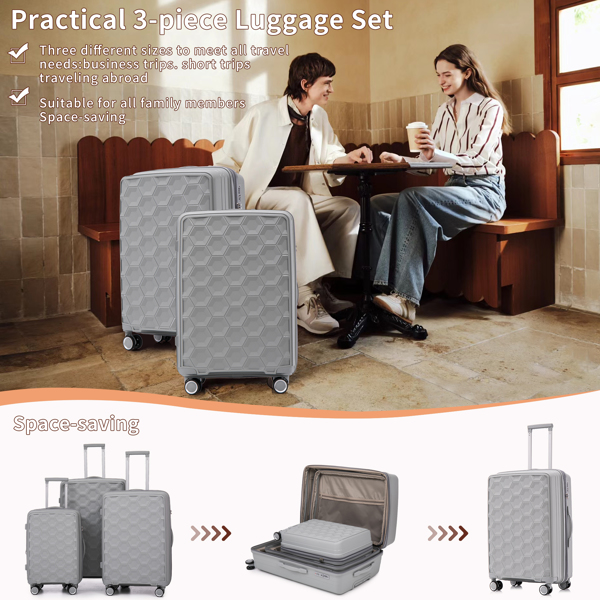 PP Luggage Sets 3 Piece(20/24/28), Expandable Carry On Luggage with TSA Lock Airline Approved, PP materials Hard Shell and Lightweight Suitcase with Spinner Wheels (Gray) 