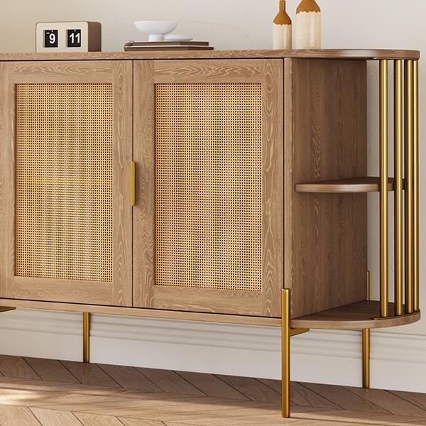 2-Door Elegant Curved Dining Cabinet with Gold Trim and Woven Rattan Doors for Dining Room (Natural)