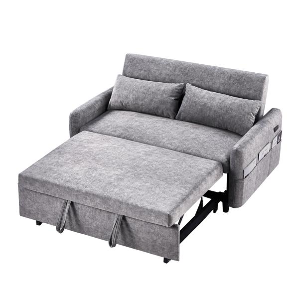 55.1" Pull Out Sleep Sofa Bed Loveseats Sofa Couch with Adjsutable Backrest, Storage Pockets, 2 Soft Pillows, USB Ports for Living Room, Bedroom, Apartment, Office,Grey