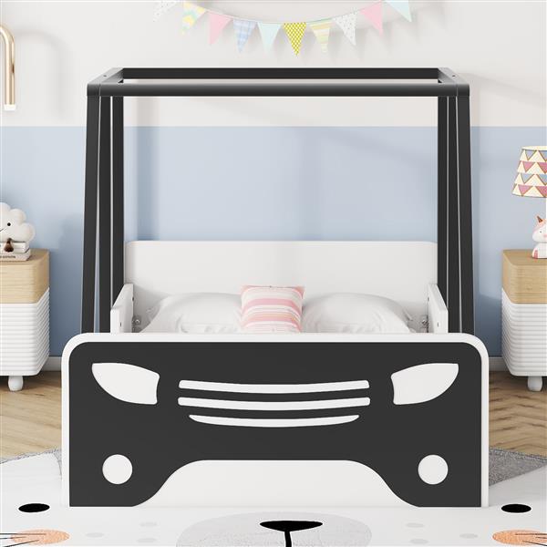 Twin Size Car-shaped Bed with Roof,Wooden Twin Floor Bed with wheels and door Design,Montessori Inspired Bedroom,Black