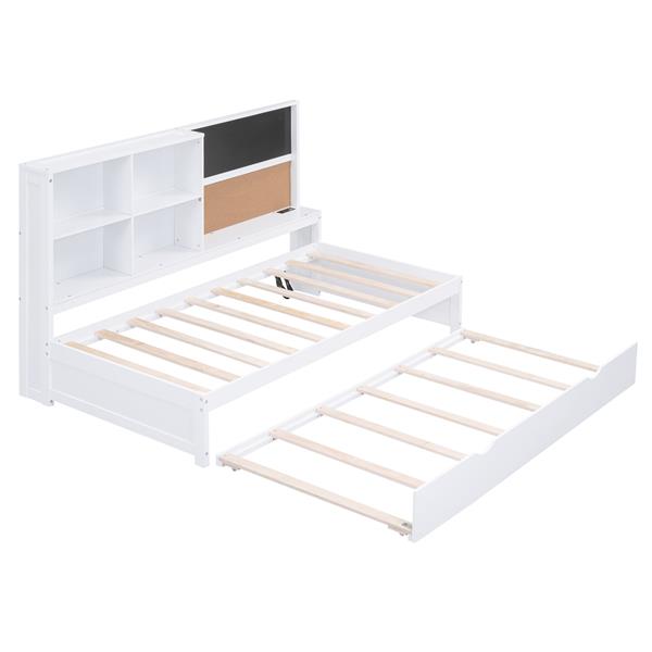 Twin Size Daybed with Storage Shelves, Blackboard, Cork board, USB Ports and Twin Size Trundle, White