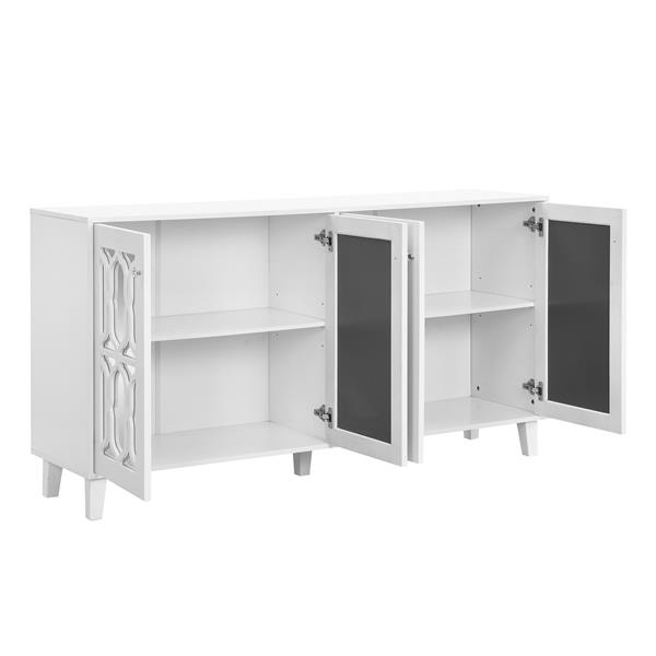 Buffet Cabinet with Adjustable Shelves, 4-Door Mirror Hollow-Carved TV stand for TVs Up to 70'', Multi-functional Console Table with Storage Credenza Accent Cabinet for Living Room, White