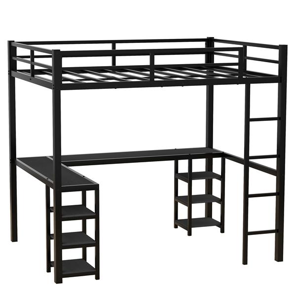 Full Metal Loft Bed with Desk and Shelves, Loft Bed with Ladder and Guardrails, Loft Bed Frame for Bedroom, Black with black desk