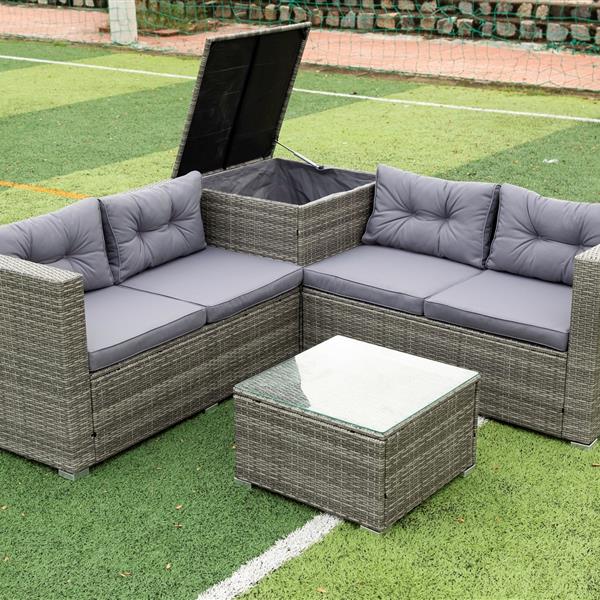 4 Piece Patio Sectional Wicker Rattan Outdoor Furniture Sofa Set with Storage Box Grey