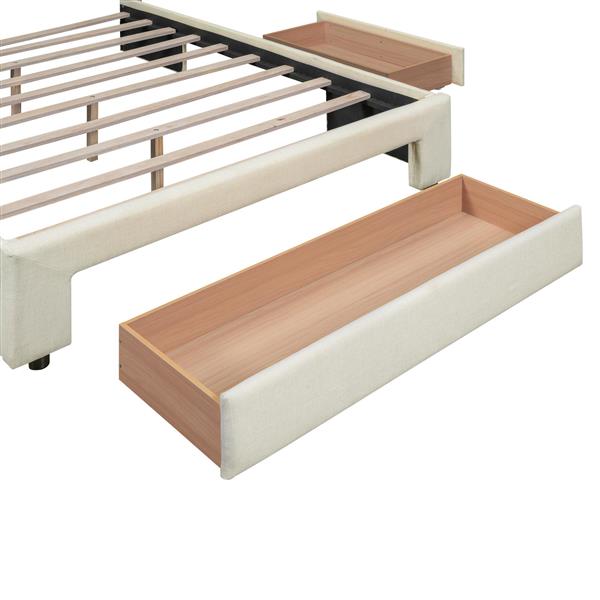 Full Size Upholstered Platform Bed with One Large Drawer in the Footboard and Drawer on Each Side,Beige