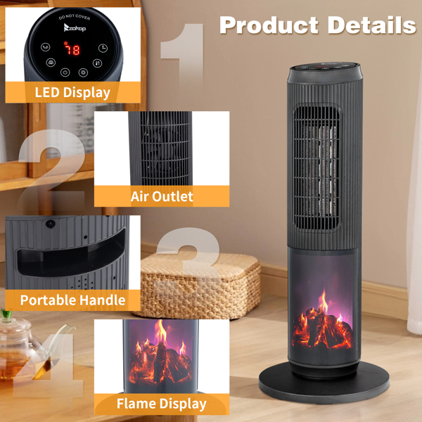 ZOKOP 25" Tower Space Heater with 3D Flame, 1500W Portable Electric Heater with Thermostat, 60° Oscillation, Timer, Remote Control, for Indoor Bedroom Office Home, Black