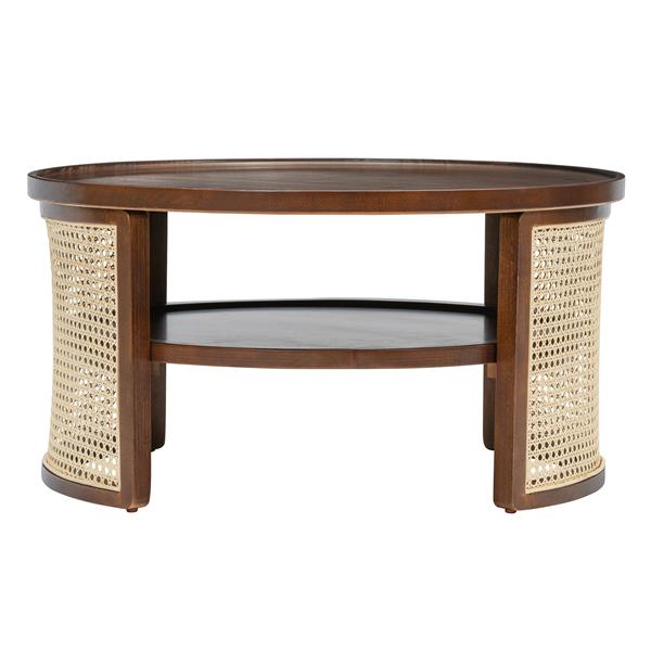 2-Tiered Round Walnut Wood Coffee Table with Storage Rattan Base in 31.3''