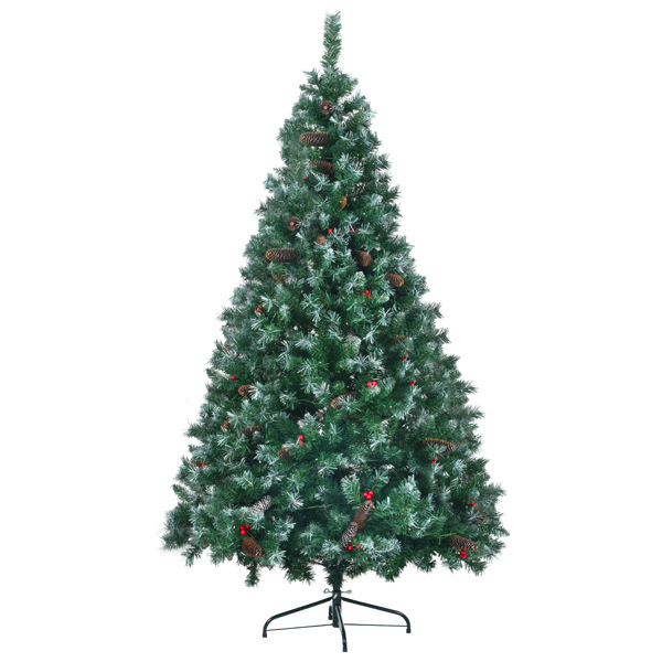 6FT Dark Green Pine Christmas Tree, Pre-Lit Set with Tree & Garland & Wreath, Hinged Artificial Xmas Tree with White Tips, Red Berries and Pine Cones, 11 Colorful Modes, Indoor Holiday Decoration 