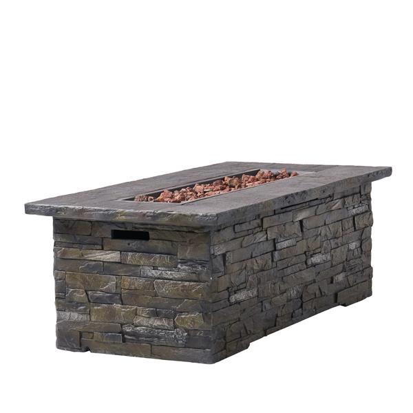 Outdoor Patio Concrete Fire table, Rectangle Gas Burning 56-Inch Fire Pit - 50, 000 BTU, Stone Pattern Fire Table, Grey