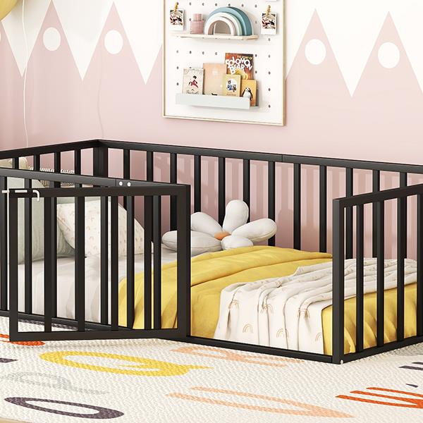 Twin Size Metal Floor Bed Frame with Fence and Door, Black