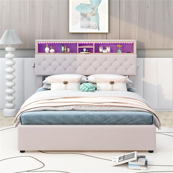 Full Size Upholstered Platform Bed with Storage Headboard, LED, USB Charging and 2 Drawers, Beige