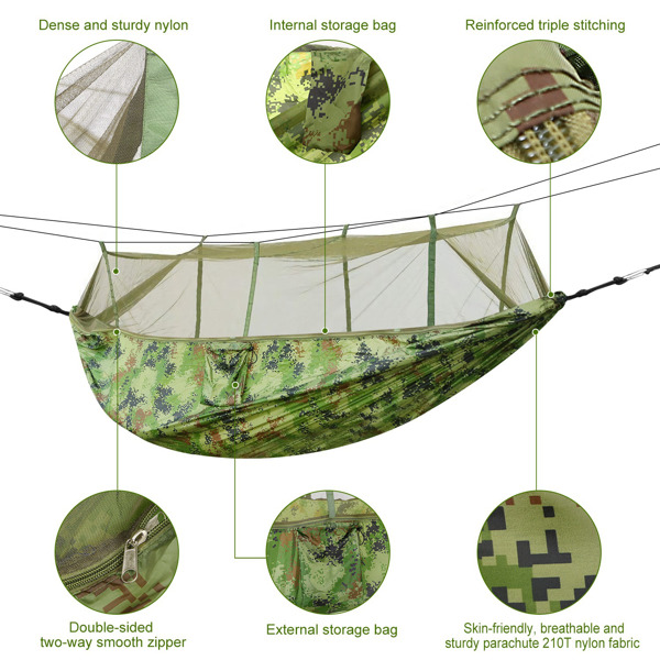 Camping Hammock, Portable Double Hammock with Net,600lbs Load 2 Persons Hammock w/Mosquito Net Outdoor Hiking Camping Hommock Portable Nylon Swing Hanging Bed w/ Strap Hook Carry Bag