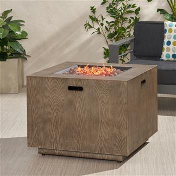 Outdoor Patio Gas Burning Fire Pit - 50, 000 BTU Tank Inside, Square, Iron Wood Pattern, Brown